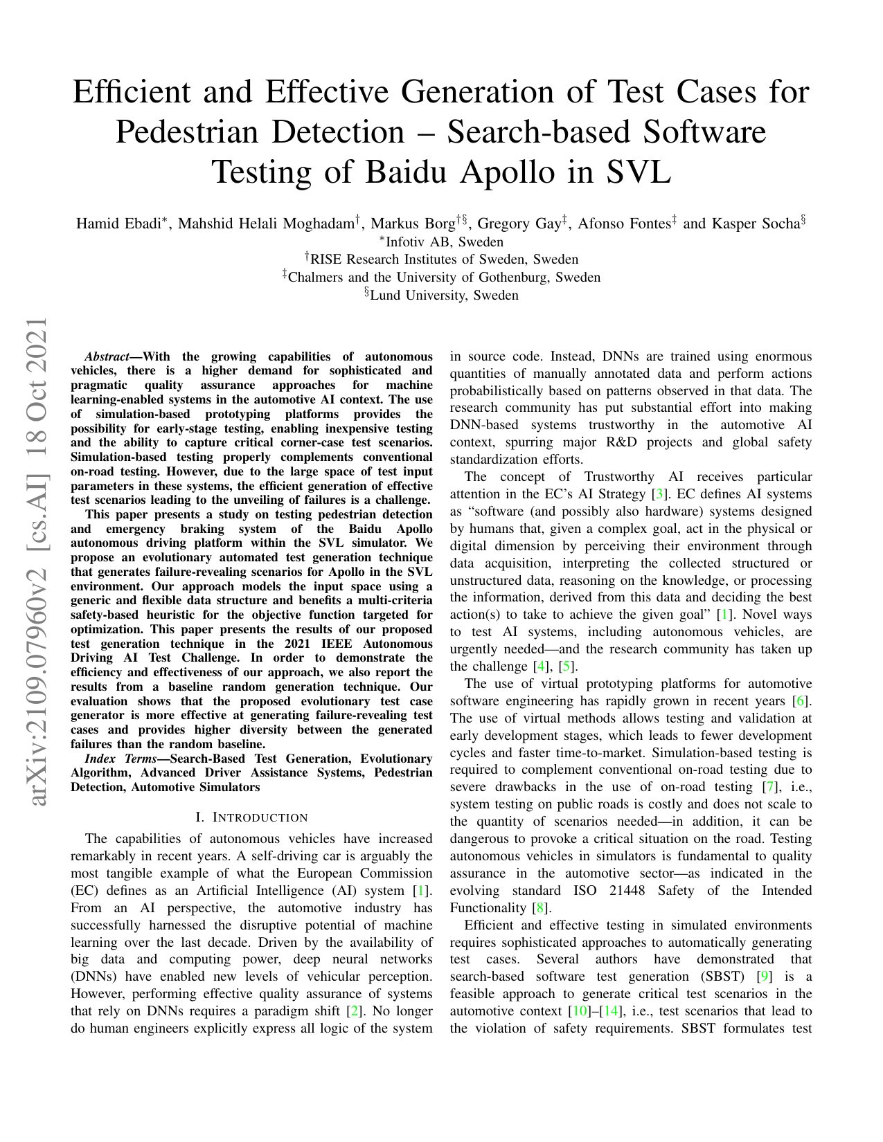 Efficient and Effective Generation of Test Cases for Pedestrian Detection – Search-based Software Testing of Baidu Apollo in SVL